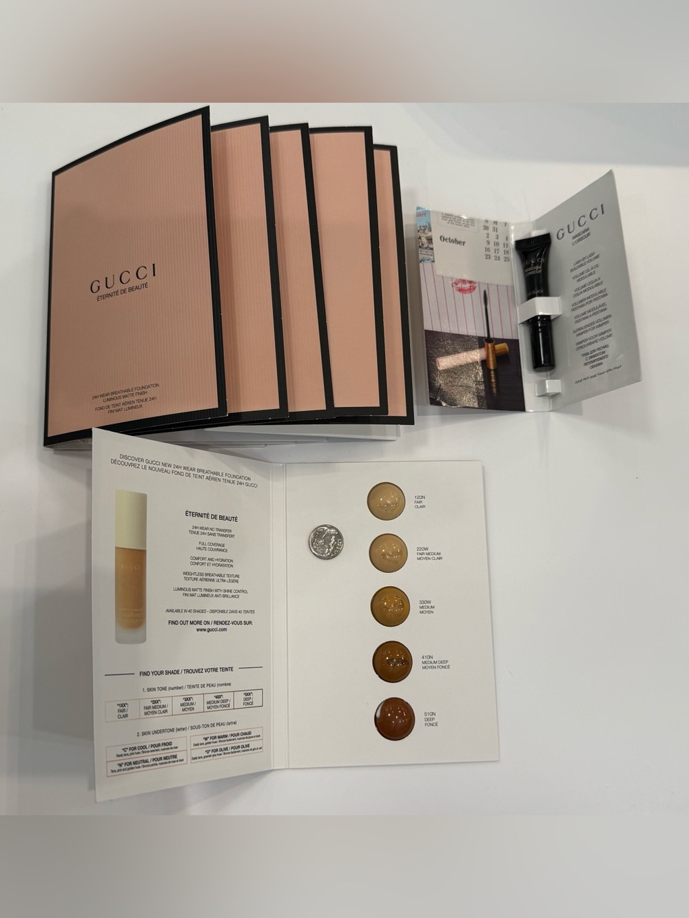 7-Pc GUCCI Eternite De Beaute 24H Wear Foundation 5-Shade Samples (6X) & Mascara